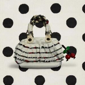 Betsey Johnson Vintage White Cherry Charm Ruffle Detail Mini Bag / purse summer